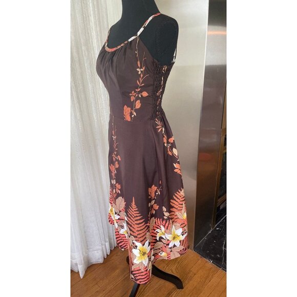 Vintage 80s dress, chocolate brown, orange, bra inserts, Sand Pebble of Hawaii - Picture 2 of 9